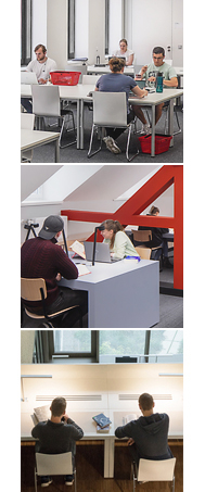 Arbeitsplätze in den Bereichsbibliotheken, Fotos: Barbara Mönkediek / Universitätsbibliothek (2), Jens Kirchner ArchitekturFotografie (1)