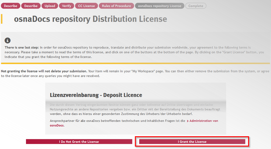 Acceptance of the deposit license Acceptance of the deposit license