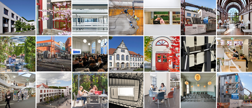 Collage aus ausgestellten Fotos der Bibliothek Alte Münze von Marco Gronewald, Barbara Mönkediek, Manfred Pollert, Stephan Schute / Universitätsbibliothek Osnbabrück Collage aus ausgestellten Fotos der Bibliothek Alte Münze von Marco Gronewald, Barbara Mönkediek, Manfred Pollert, Stephan Schute / Universitätsbibliothek Osnbabrück